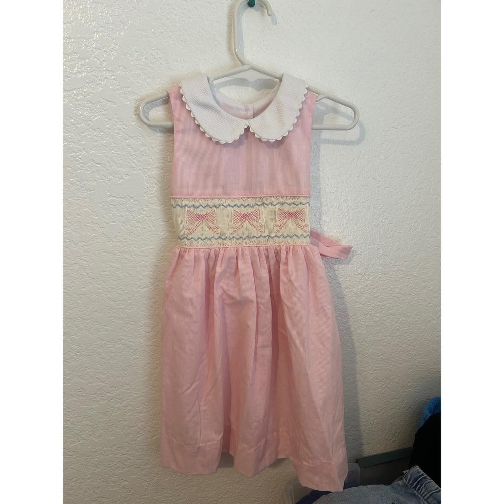 Vive La Fete Girls Pink Seersucker Smocked Bow Dress Peter Pan Collar Size 3
